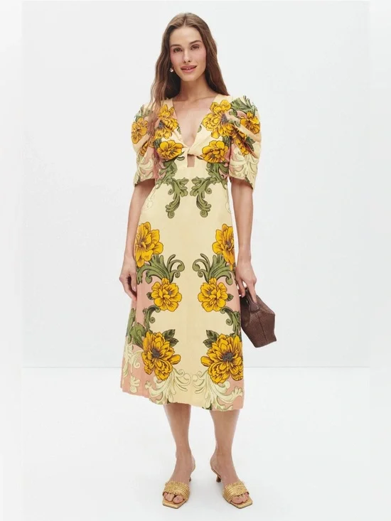 FARM Rio Delicate Flower Arabesques Linen Midi Dress- - Picture 8 of 9